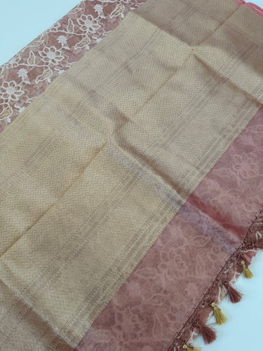 Kora Silk Sari from Banaras | Dull Pink | Gold Zari | Handwoven | Ships from California